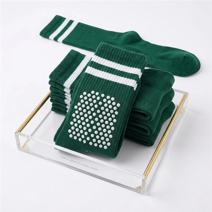 Custom Non Slip Football Socks Forest Green Anti Skid Grip Soccer Socks With White Grip Dots OEM Team Logo Mid Calf Athletic Socks best