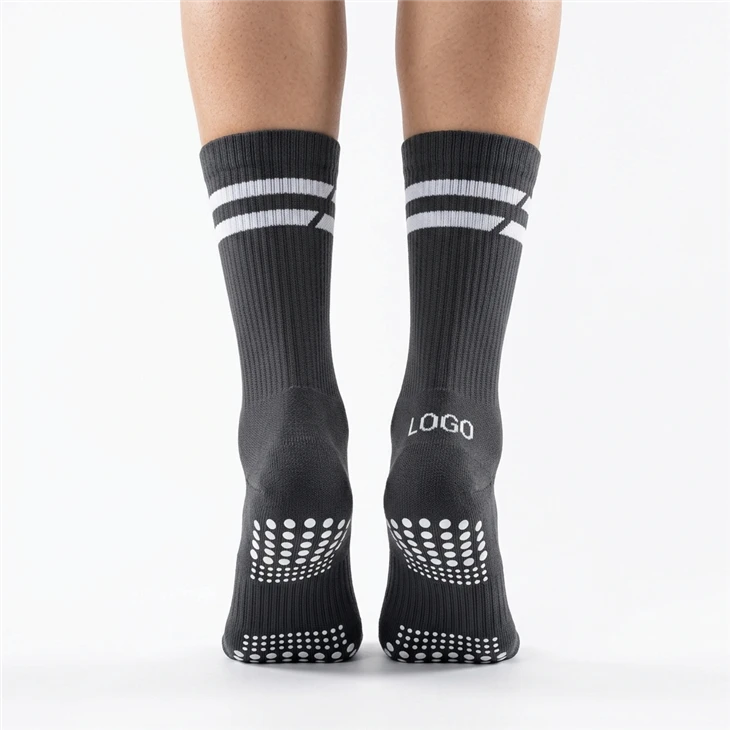 Custom Non Slip Football Socks C03 Charcoal Grey Anti Skid Grip Soccer Socks With White Grip Dots OEM Team Logo Mid Calf Athletic Socks factory